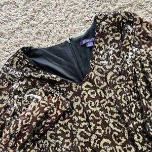 Roaman's Vtg Plus Size 18W Gold Brown Animal Print Sequin Long Sleeve Midi Dress